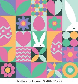 Geometric Easter elements. Abstract background with bunny, egg and flower. Vector illustration