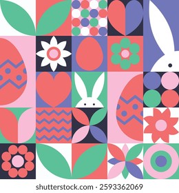 Geometric Easter elements. Abstract background with bunny, egg and flower. Vector illustration
