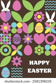 Geometric Easter greeting card. Abstract background with bunny, egg and flower. Vector illustration