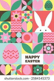 Geometric Easter greeting card. Abstract background with bunny, egg and flower. Vector illustration