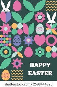 Geometric Easter greeting card. Abstract background with bunny, egg and flower. Vector illustration
