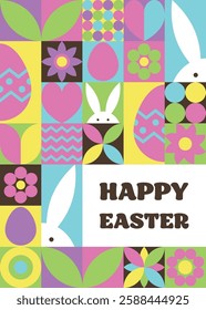 Geometric Easter greeting card. Abstract background with bunny, egg and flower. Vector illustration