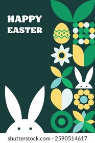 Geometric Easter greeting card. Abstract background with bunny, egg and flower. Vector illustration