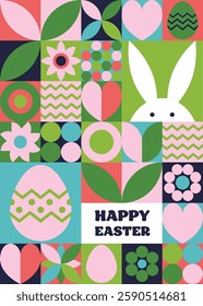 Geometric Easter greeting card. Abstract background with bunny, egg and flower. Vector illustration