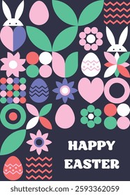 Geometric Easter greeting card. Abstract background with bunny, egg and flower. Vector illustration