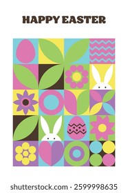 Geometric Easter greeting card. Abstract background with bunny, egg and flower. Vector illustration