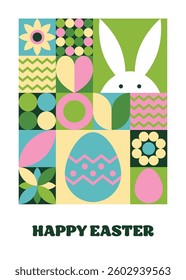 Geometric Easter greeting card. Abstract background with bunny, egg and flower. Vector illustration