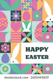 Geometric Easter greeting card. Abstract background with bunny, egg and flower. Vector illustration