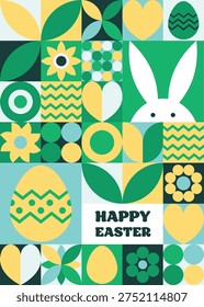 Geometric Easter greeting card. Abstract background with bunny, egg and flower. Vector illustration