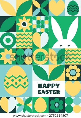 Geometric Easter greeting card. Abstract background with bunny, egg and flower. Vector illustration
