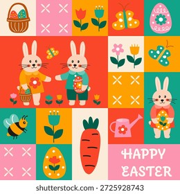 Geometrische Ostergrafik mit niedlichen Hasen, dekorierten Eiern, Blumen, Karotte, Gießkanne, Biene und Schmetterling. Bauhaus und modernem volkstümlichem Stil. Für Kinderdesign, Poster, Grußkarten.