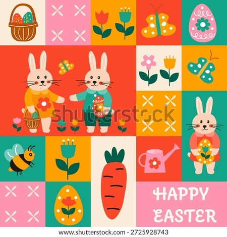 Geometric Easter illustration with cute bunnies, decorated eggs, flowers, carrot, watering can, bee and butterfly. Bauhaus and modern folk inspired style. For kids design, posters, greeting cards.