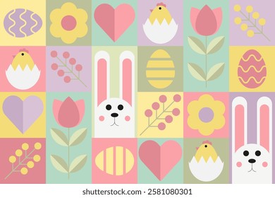 Geometric Easter pattern with bunny, chick, eggs and carrot