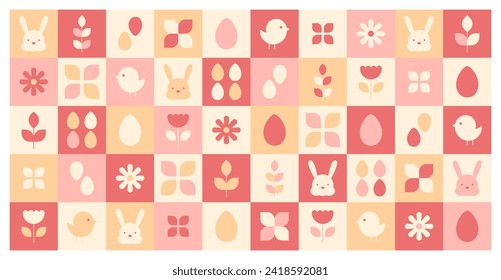 Geometric Easter pattern with simple forms in tiles. Chick symbol, bunny head, eggs shape, chamomile, plants and flowers print. Vector illustration, checkered background with traditional silhouettes