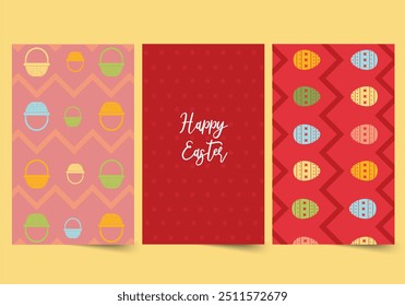 Geometric Easter patterns concept in the flat cartoon design. Easter greeting cards show a bright design with baskets on a pink background and decorated eggs on a red background. Vector illustration.