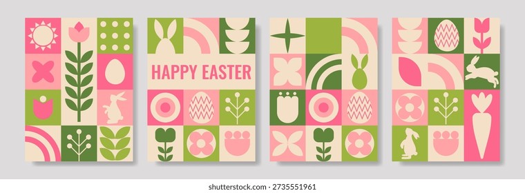 Geometric Easter poster with unique layout, pastel colors and spring symbols. Modern festive design for seasonal decoration.