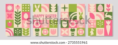 Geometric Easter poster with unique layout, pastel colors and spring symbols. Modern festive design for seasonal decoration.