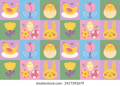 Geometric Easter vector pattern with painted eggs, chiken, bunny, flower. Bright color modern design mosaic