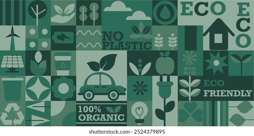 Geometric eco friendly background. Abstract nature in flat minimalist style. Bauhaus. Seamless pattern