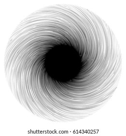 Geometric edgy spiral shape. Swirl, vortex with textured concentric lines.