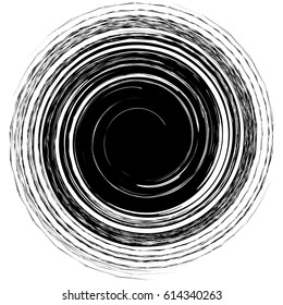 Geometric edgy spiral shape. Swirl, vortex with textured concentric lines.