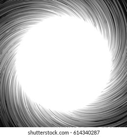Geometric edgy spiral shape. Swirl, vortex with textured concentric lines.