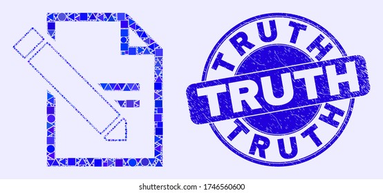Geometric edit text page mosaic pictogram and Truth seal stamp. Blue vector rounded textured stamp with Truth message. Abstract mosaic of edit text page organized of sphere, triangles,