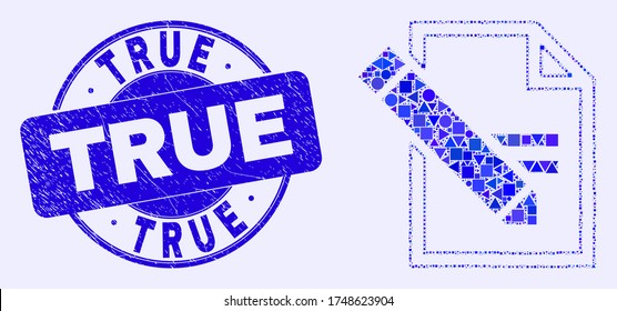 Icono de mosaico de página de texto de edición geométrica y sello True. Sello de sello texturizado redondo vector azul con leyenda True. Composición abstracta de la página de texto de edición diseñada de forma redondeada, triángulos,