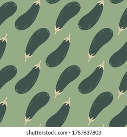 Geometric eggplants seamless pattern on green background. Aubergines wallpaper. Doodle vector illustration. Decorative backdrop for fabric design, textile print, kitchen textiles, wrapping, cover.