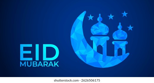 Geometric Eid al-Adha Celebration: Low Poly Crescent and Star Design on Blue Gradient Background