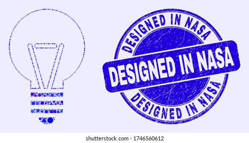 Geometric electric bulb mosaic icon and Designed in NASA seal. Blue vector rounded scratched seal stamp with Designed in NASA phrase. Abstract composition of electric bulb composed of spheric,