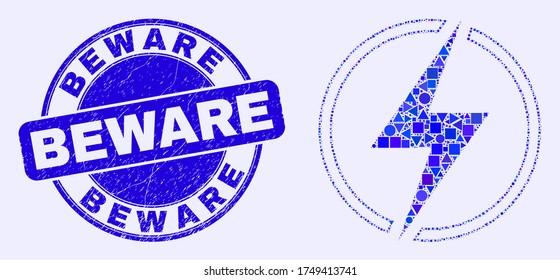 Geometric electricity mosaic pictogram and Beware stamp. Blue vector round grunge stamp with Beware phrase. Abstract mosaic of electricity done of spheric, tringle, square geometric elements.