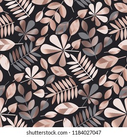 Geometric elegant autumn leaves seamless pattern in pastel pink, black and white colors. Fall season stock vector illustration.