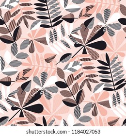 Geometric elegant autumn leaves seamless pattern in pastel pink, black and white colors. Fall season stock vector illustration.