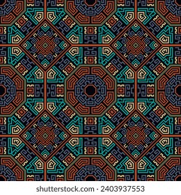 Geometric elegant colorful greek key meanders ornamental seamless pattern. Vector modern tribal ethnic style background. Beautiful trendy ornament with lines, octagon, rhombus, frames. Endless texture