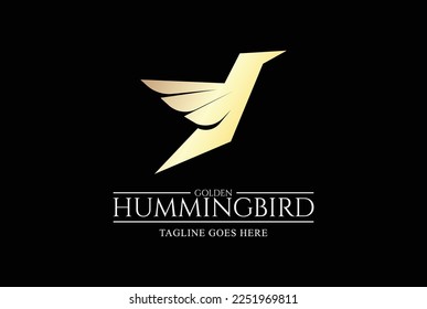 Geometric Elegant Golden Flying Hummingbird Colibri Bird Logo Design