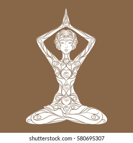 Geometric element hand drawn. Ornament beautiful card with silhouette yoga.