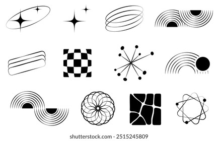 Geometric Element Set, Modern, Icons, Aesthetic, Futuristic Shapes, Y2K, Monochrome, Minimalist Style, Boho, Vector
