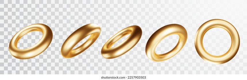 Geometric element in shape of gold 3d torus. Round realistick ring tor set isolated