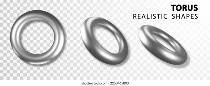 Geometric element in shape of silver 3d torus. Round realistick ring tor set isolated