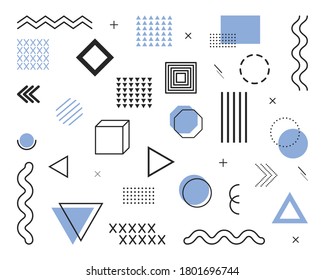 Geometric elements from 80s and 90s. Design shapes and graphic waves. Line, circle, dot, figure and pattern for abstract background. Memphis banner for hipster decoration. Retro ornament. Vector.