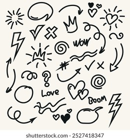 geometric elements, arrows, bulbblr, doodle scetch, drawing, hand-drawn