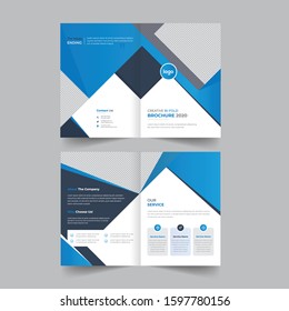 Geometric Elements Blue Colors Business Bi-Fold Brochure Design. Corporate Leaflet, Cover Template
