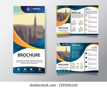 Blaue Farben für geometrische Elemente - Business Bi-Fold Broschüren Design. Broschüre für Unternehmen, Titelvorlage