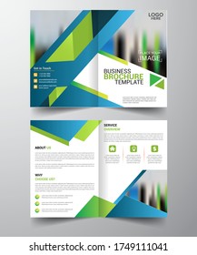 Geometric Elements Blue and Green Colors Business Bi-Fold Brochure Design. Corporate Leaflet, Cover Template