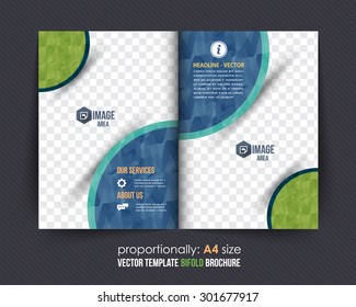 Geometric Elements Blue and Green Colors Business Bi-Fold Brochure Design. Corporate Leaflet, Cover Template