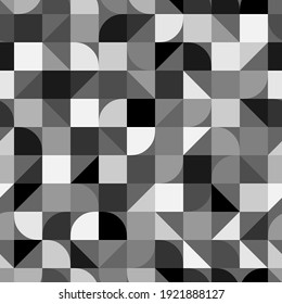 Geometric elements grid seamless pattern texture. Irregular gray monochrome chaotic print. Modern bauhaus stile geometric background. Artistic abstract ornament