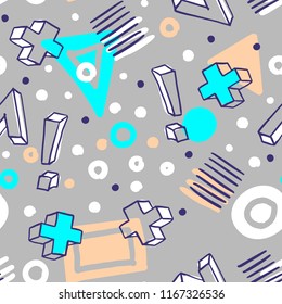 Geometric elements in the Memphis style, colorful geometric chaos. Retro 80s style. Vector illustration.