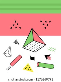 Geometric elements in the Memphis style, colorful geometric chaos. Retro 80s style. Vector illustration