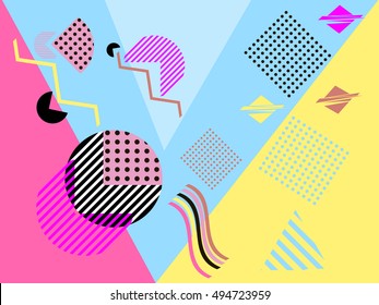 Geometric elements in the Memphis style, colorful geometric chaos. Retro 80s style. Vector illustration.